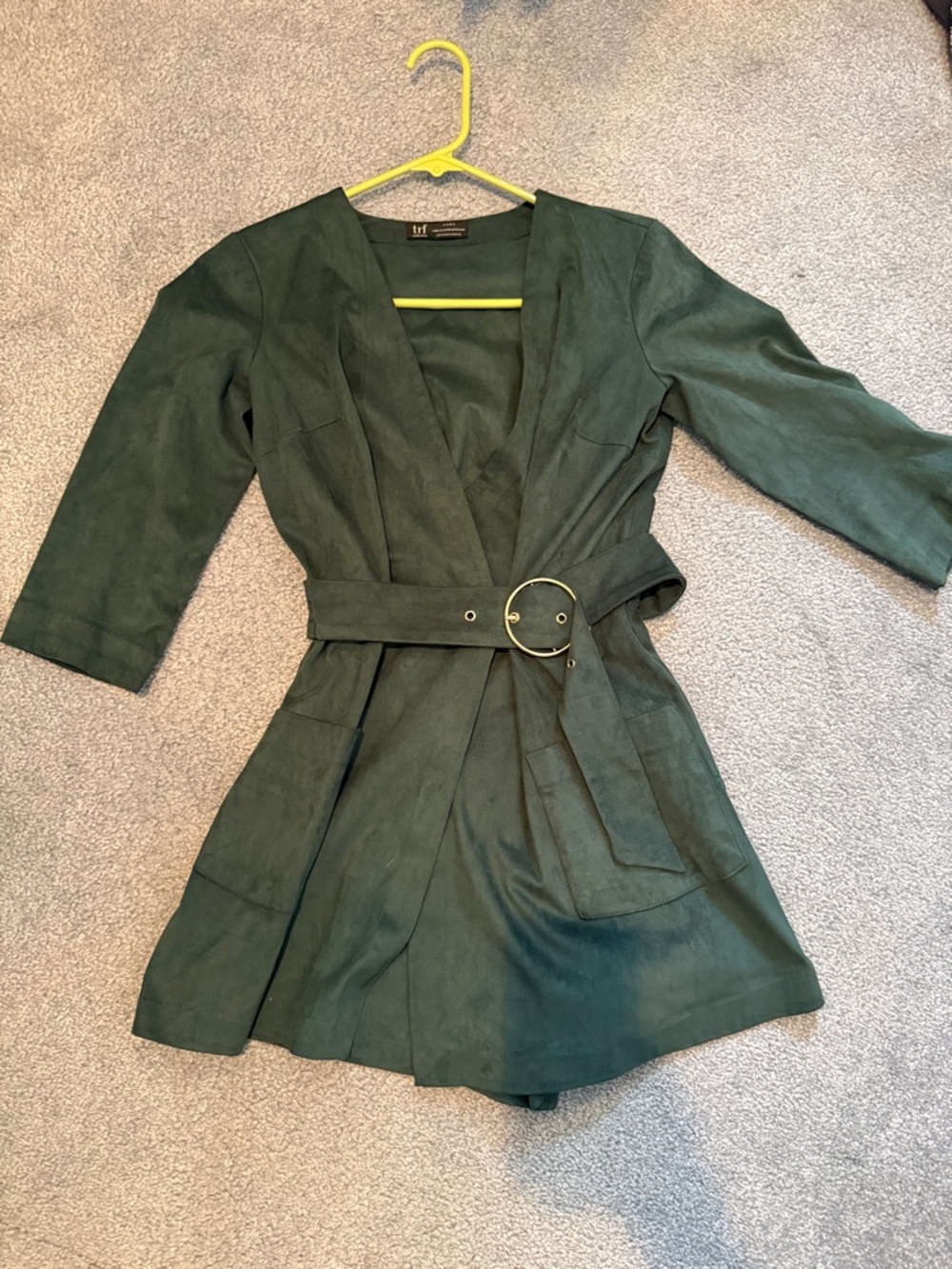 Zara Forest Green Suede-Look Belted Wrap Romper
